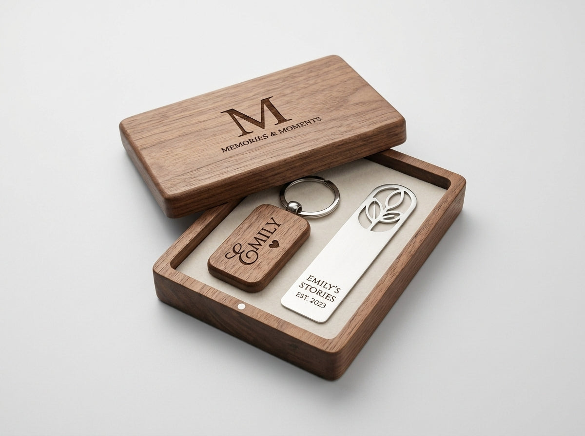 Personalized new hire onboarding kit with engraved wood box and custom accessories, corporate gift by Elma Vada DFW