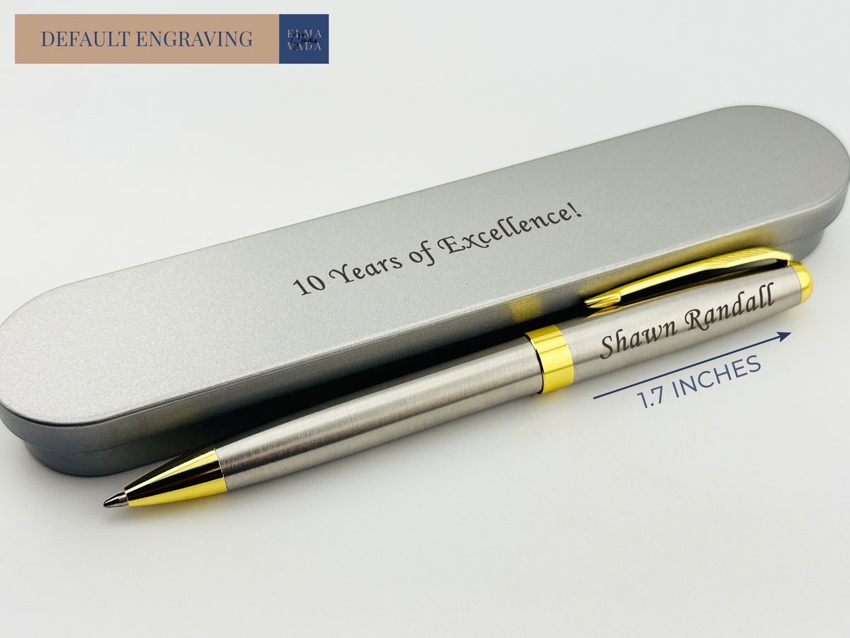 Silver-tone pen with a gold-tone clip and Alex 5 Years engraving in an open black presentation box.