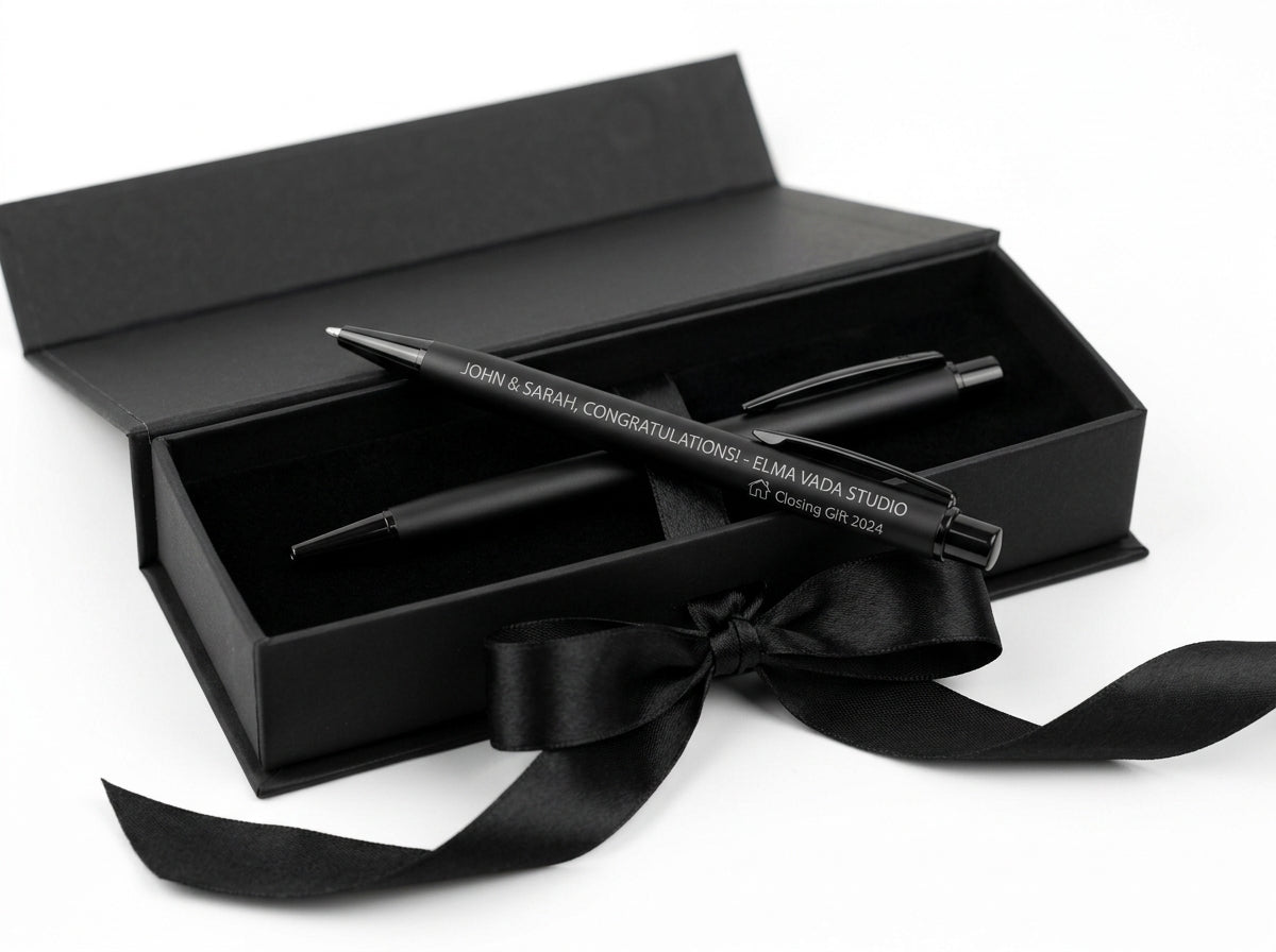 Ribbon-tied black gift box opened to reveal a personalized pen. Dallas