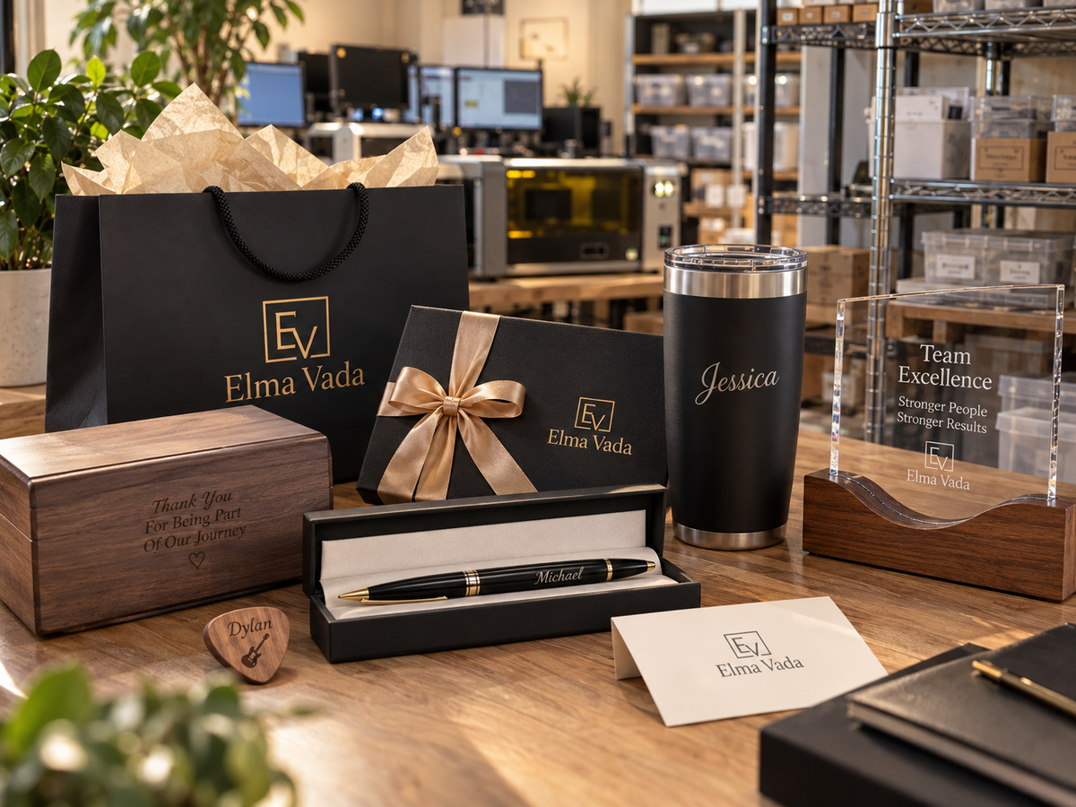 Personalized corporate gifts with engraved names on tumbler, pen, and gift box by Elma Vada Dallas-Fort Worth