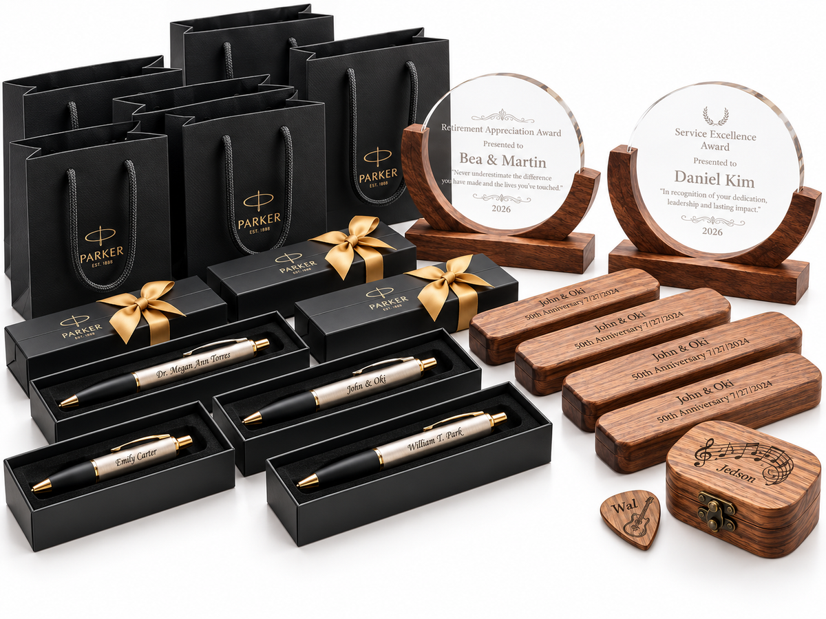 Bulk personalized corporate gifts and recognition awards prepared for business orders by Elma Vada in Dallas.