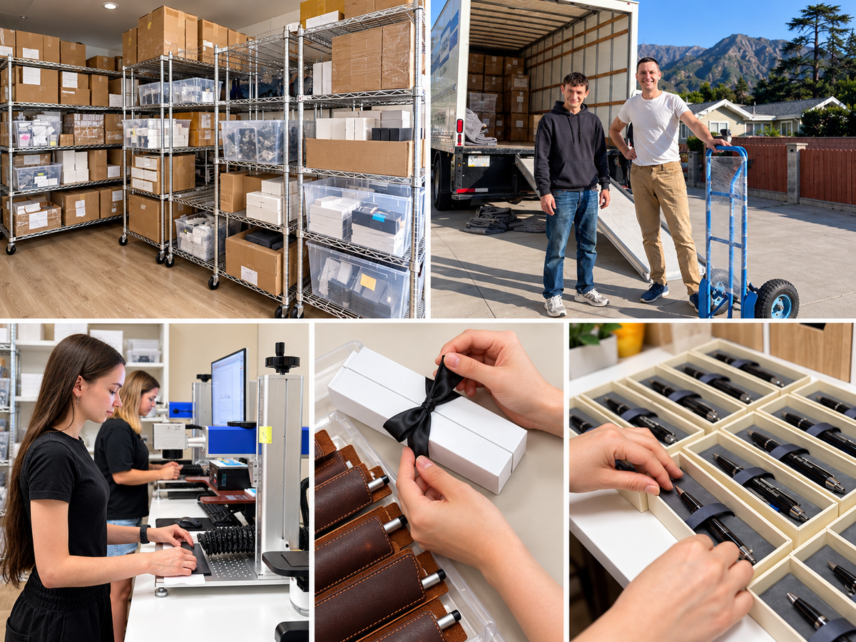 Elma Vada Studio corporate gift production process with laser engraving, personalized pens, leather pen sleeves, quality control and gift packaging in Dallas.