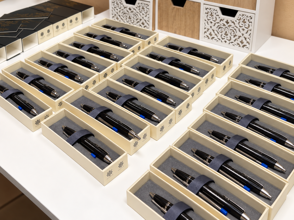 Personalized black pens arranged in individual gift boxes, part of an 800-pen bulk order by Elma Vada Studio.