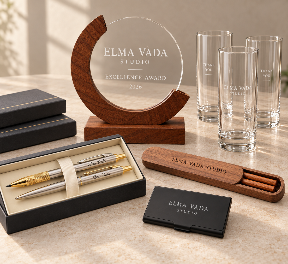Elma Vada Studio personalized corporate gifts featuring an engraved acrylic award, pen set, glassware, wooden chopsticks and business card holder.