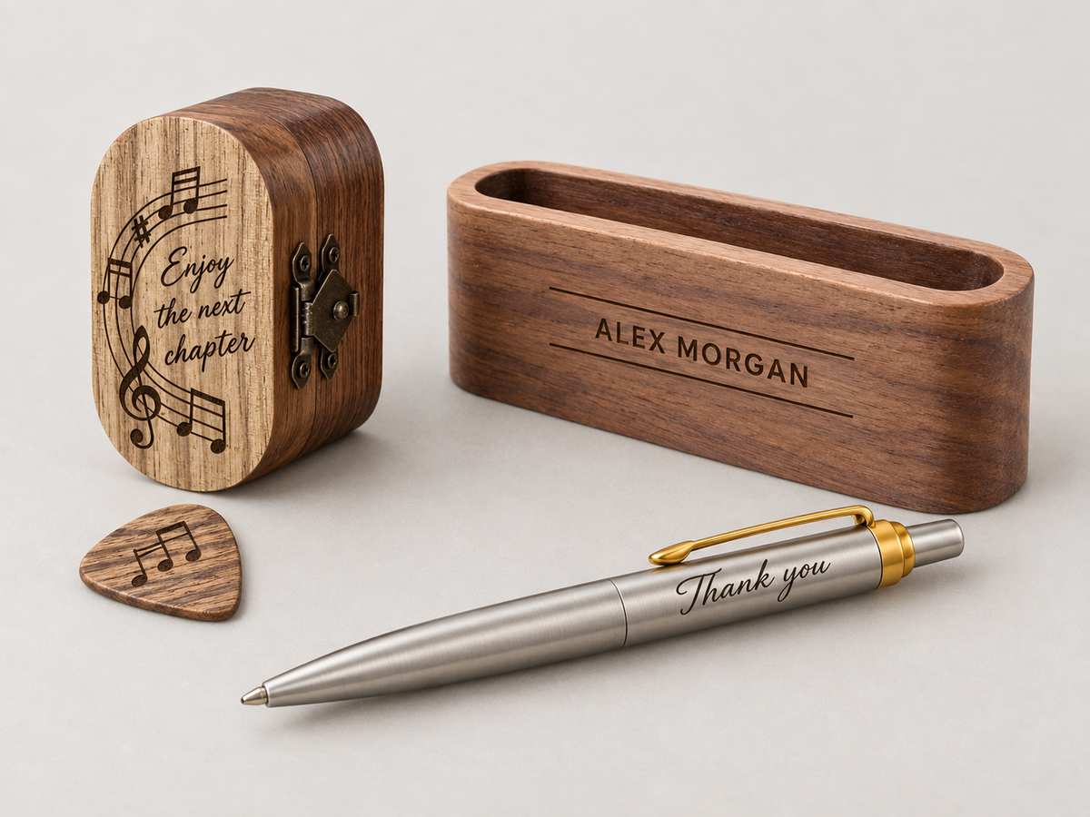 Wooden guitar-pick case, personalized desk holder and silver-tone pen with a gold-tone clip.