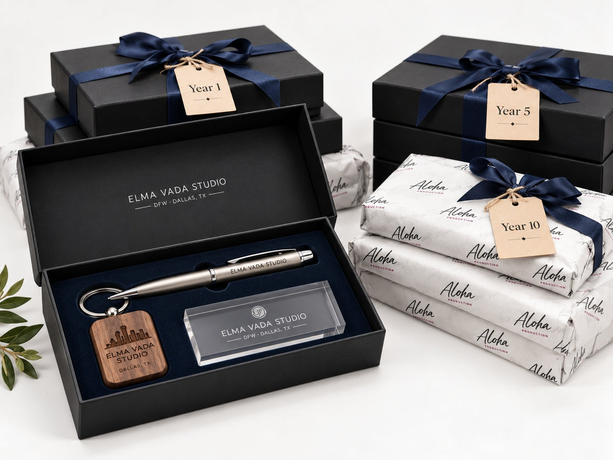 Multiple milestone gift packages labeled for Year 1, Year 5 and Year 10 alongside a personalized presentation gift set.