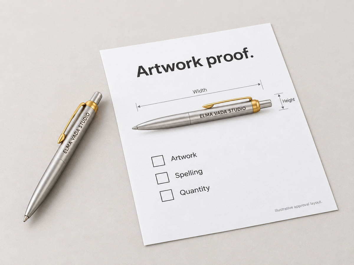 Silver engraved pen beside an artwork proof with dimension guides and three approval checkboxes.