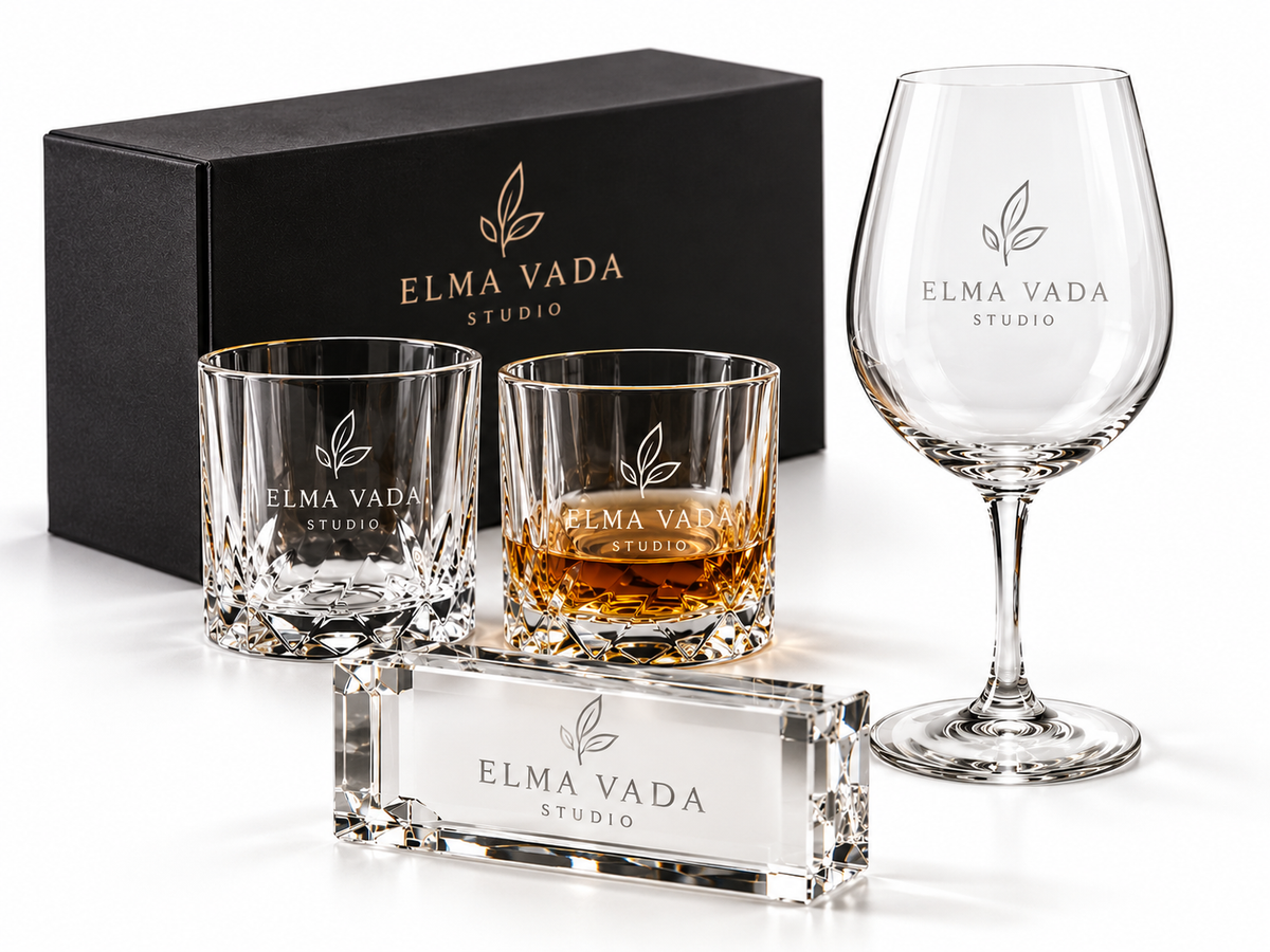 Engraved crystal whiskey glasses and wine glass, Elma Vada Studio corporate gift