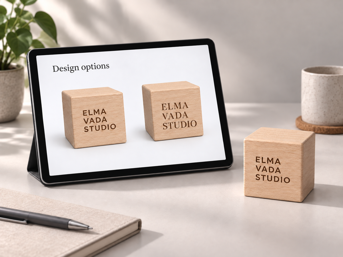 Tablet displaying two engraving designs for a wooden desk cube beside a matching sample.