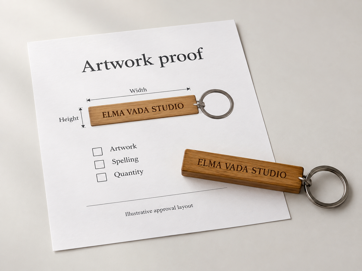 Illustrative wooden keychain engraving proof with placement guides and an approval checklist.