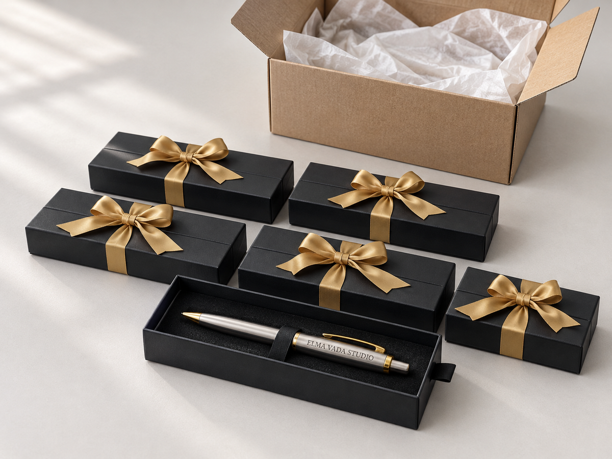 Black gift boxes with gold ribbons and an open engraved pen box beside a shipping carton.