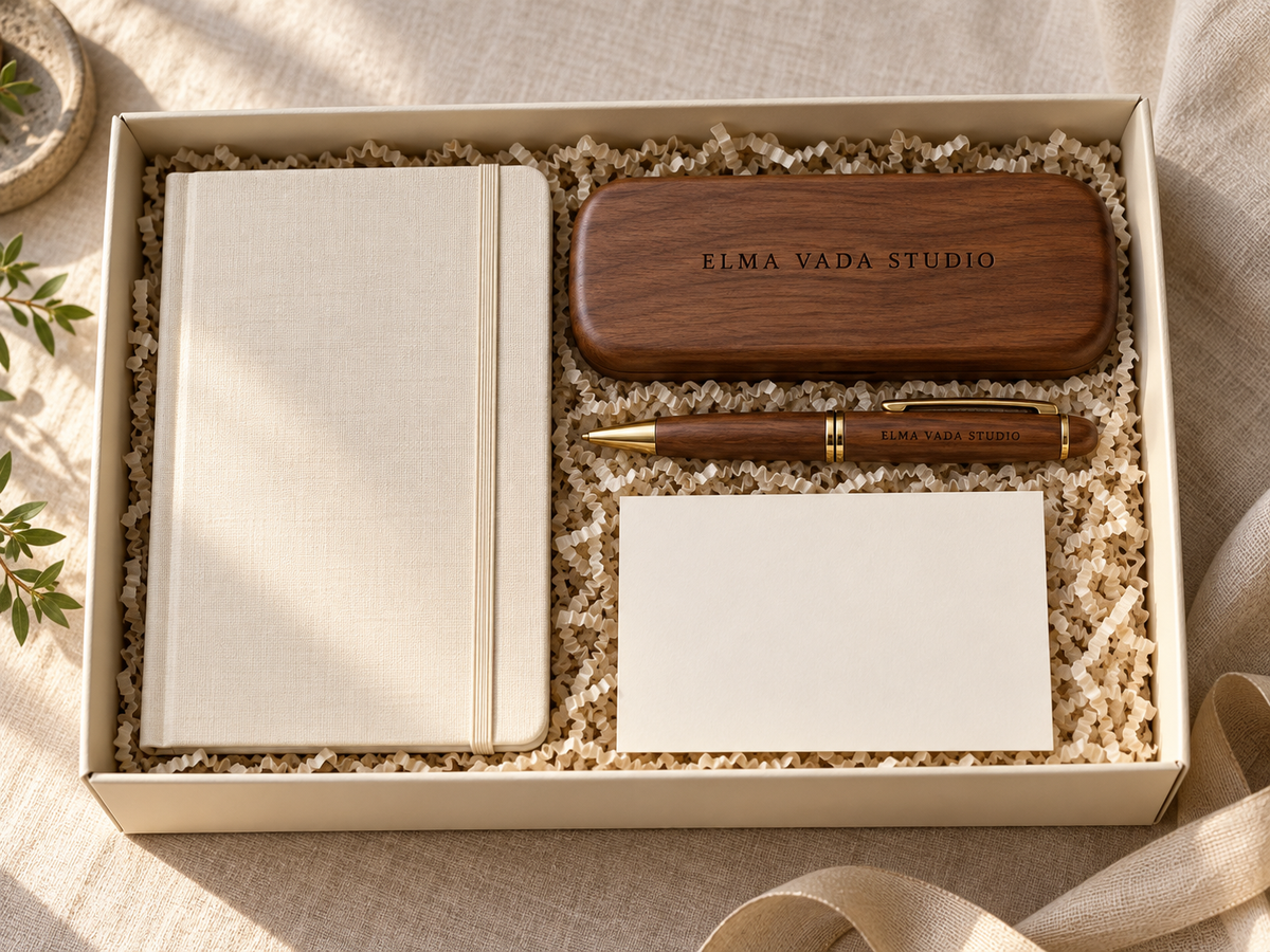 Illustrative employee welcome gift set with an Elma Vada Studio engraved wooden pen and case, notebook and blank card