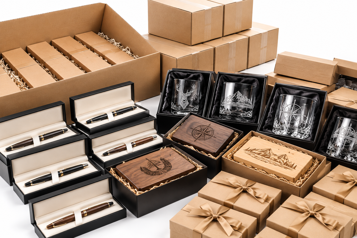 Batch of engraved gift boxes ready for consistent production run, Elma Vada bulk orders