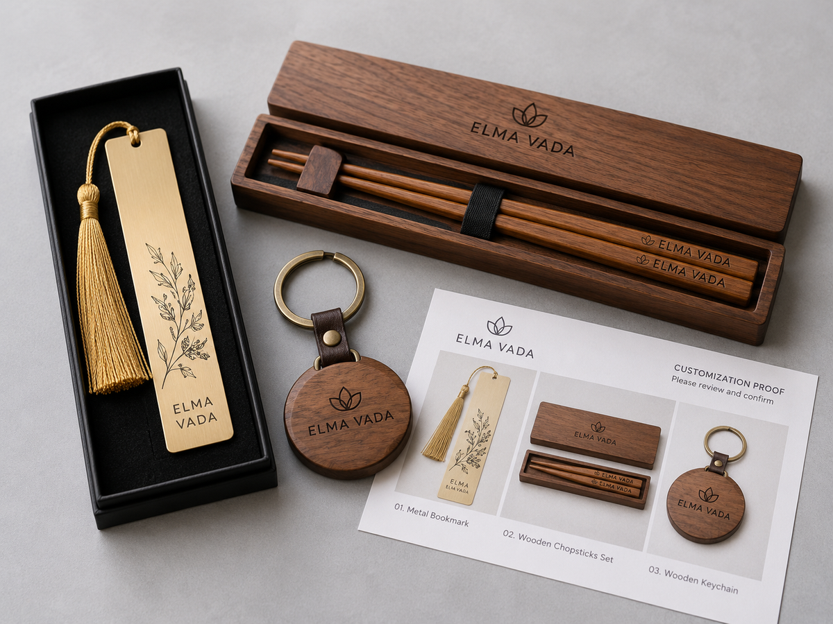 Personalized gift sample with an engraved metal bookmark, wooden chopsticks in a presentation case, wooden keychain and printed customization proof for client approval.