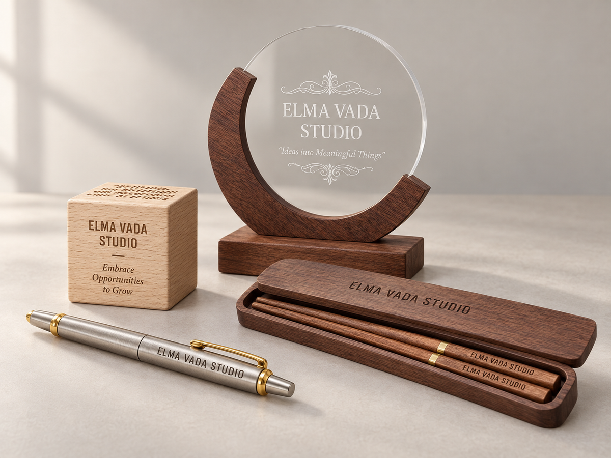 Personalized pen, wooden desk cube, chopsticks in a case and circular award displayed together.
