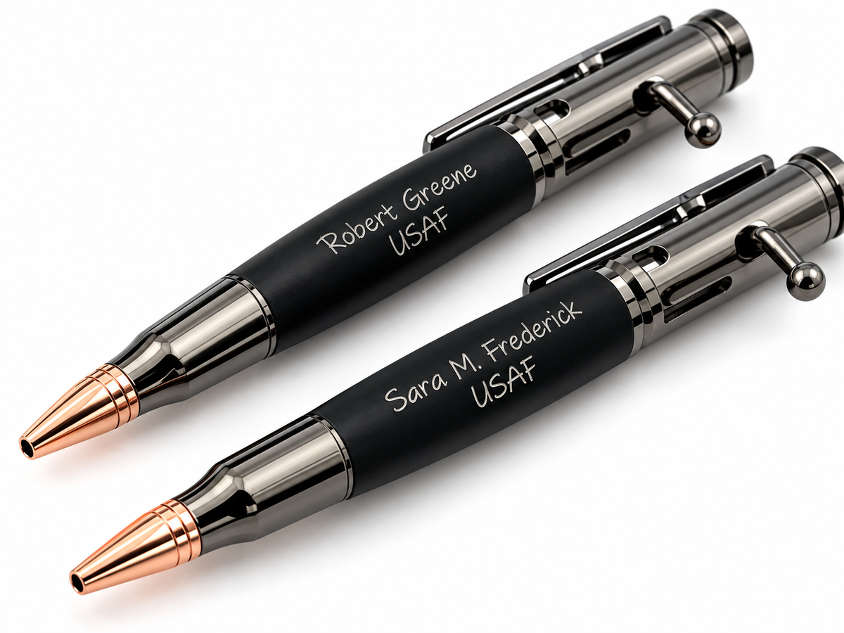 Two engraved pens with individual recipient names, per-piece personalization by Elma Vada