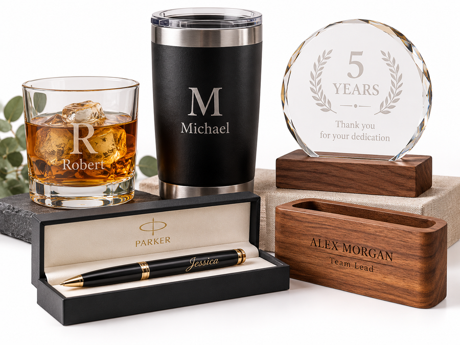 Sample of personalized corporate gifts: engraved glass, tumbler, award, Parker pen, and wood holder, Elma Vada DFW