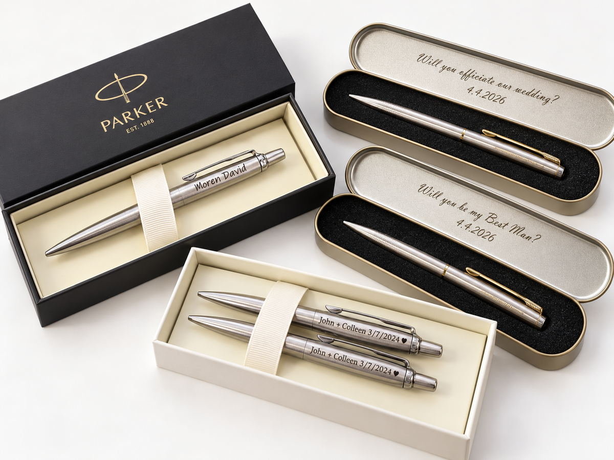 Personalized Parker pen sets with engraved name and date, Elma Vada corporate gifts