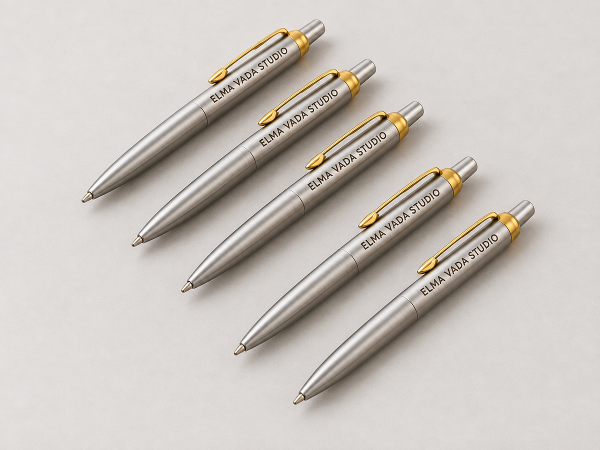 Five silver metal pens with gold-tone clips and matching Elma Vada Studio engravings.