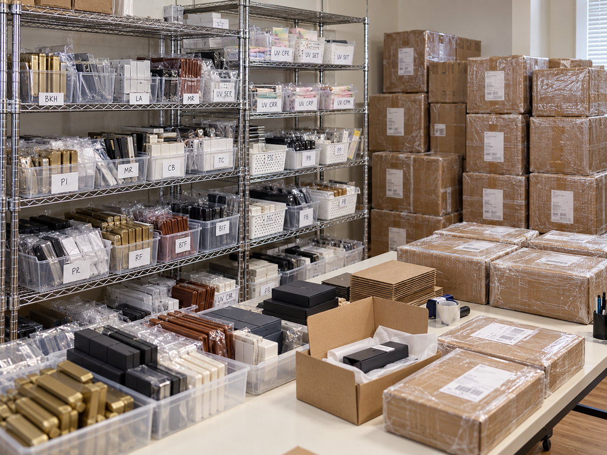Organized packing and fulfillment area with bulk personalized gift inventory and shipping cartons prepared for corporate and wholesale orders in Dallas, Texas.