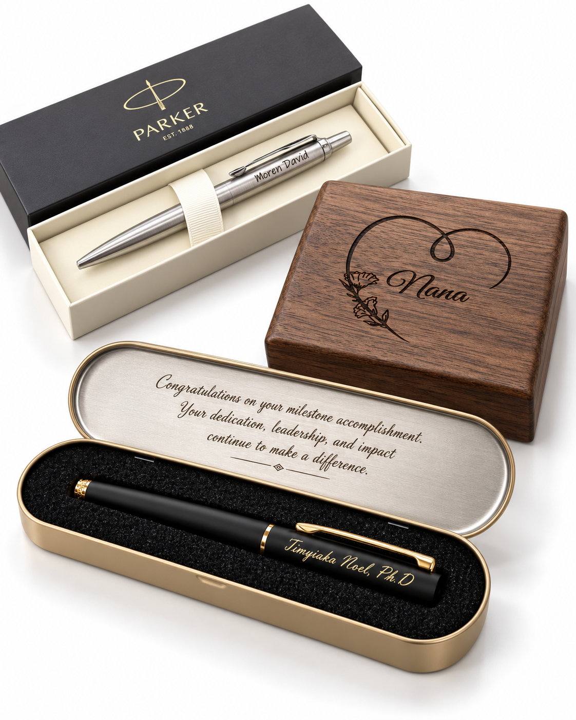Engraved pen and wood box promotional gift set with custom branding message, corporate gifting Dallas-Fort Worth