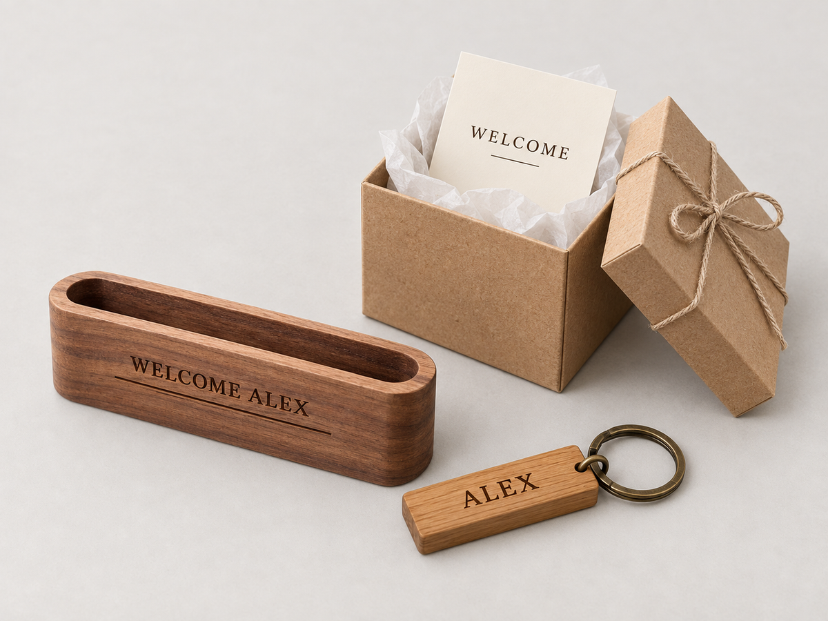 Engraved wooden desk holder and Alex keychain beside an open kraft gift box and welcome card. DFW
