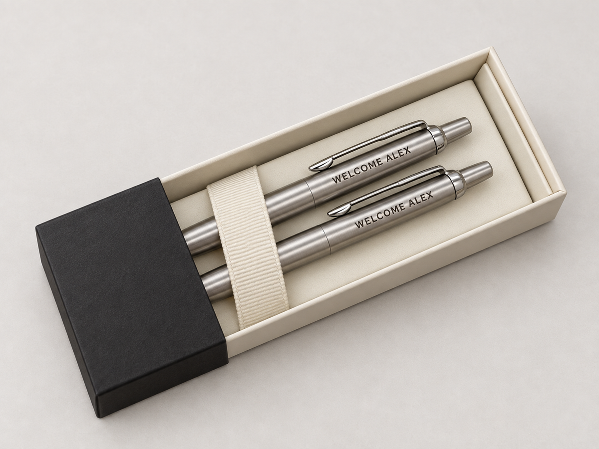 `Two silver-tone pens engraved Welcome Alex held by a cream band in an open presentation box.