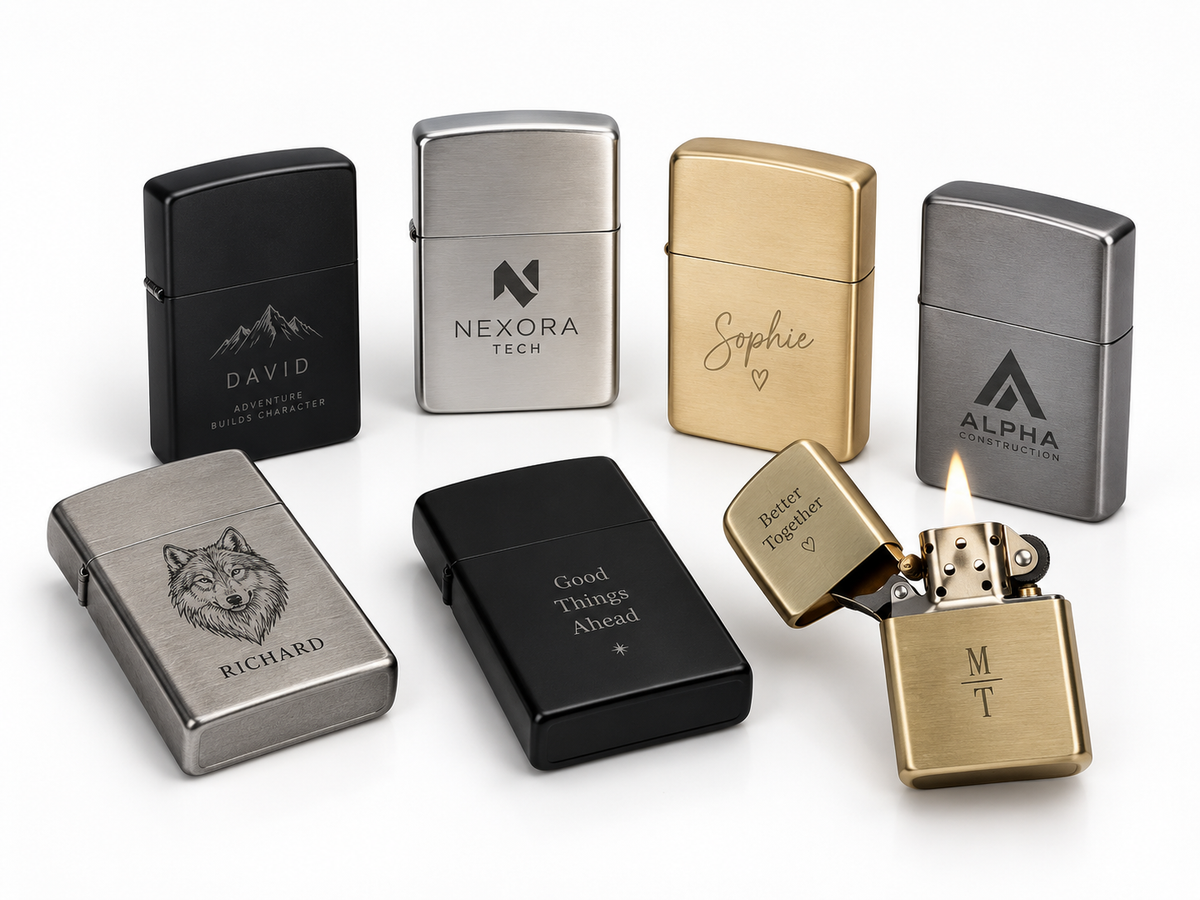 Engraved metal lighters with custom names and logos, Elma Vada custom engraving